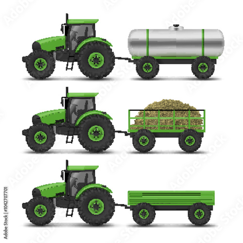 Different types of agricultural tractors with various trailers isolated on a white background showcasing farming equipment versatility