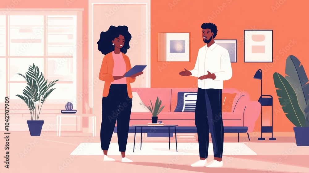 Buyer and Agent Discuss House Tour in Modern Living Room Buyer and Agent Discuss House Tour in Modern Living Room