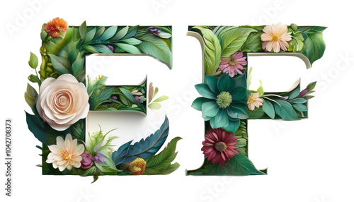 E-F Alphabet made of beautiful floral ornaments with leaves and flowers letters E F isolated on white background botanical typography