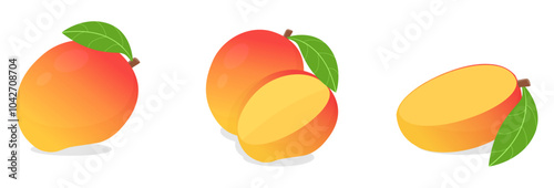 set collection of whole and half sliced fresh mango fruit with leaf vector illustration, healthy sweet fruits