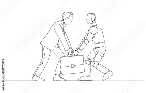 Continuous one line drawing of businessman and robot fighting over for briefcase, conflict between human and artificial intelligence in job vacancy concept, single line art.