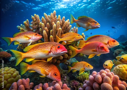 Underwater Schooling of Hawkfish and Wrasses in Coral Reef - Low Light Photography