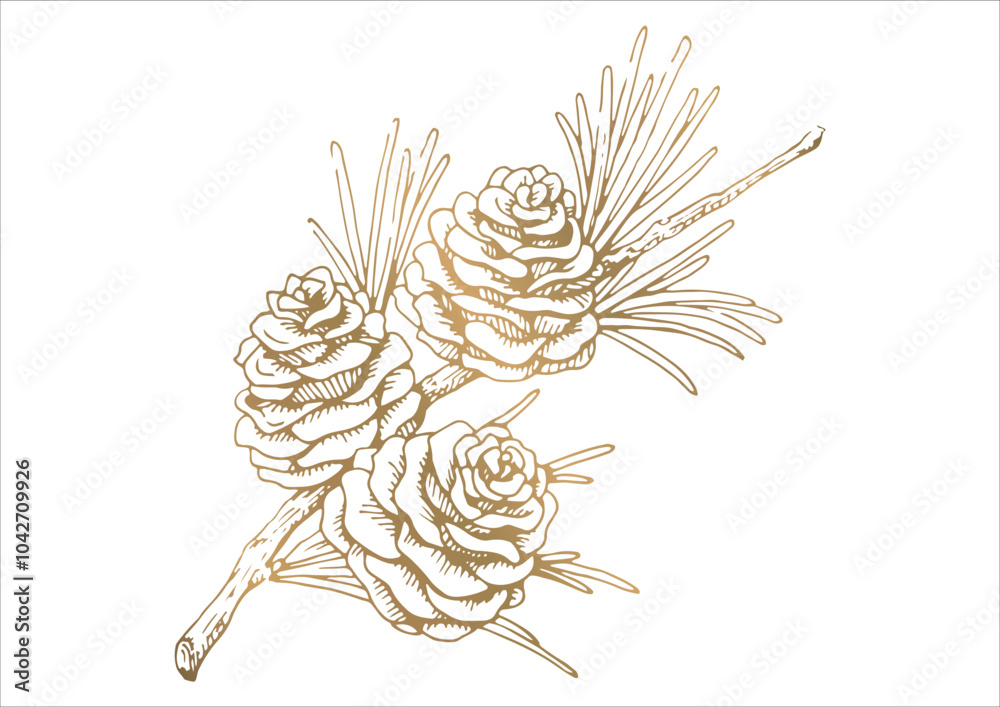 松ぼっくりと枝葉の線画イラスト 秋から冬の植物 金色のベクター素材
