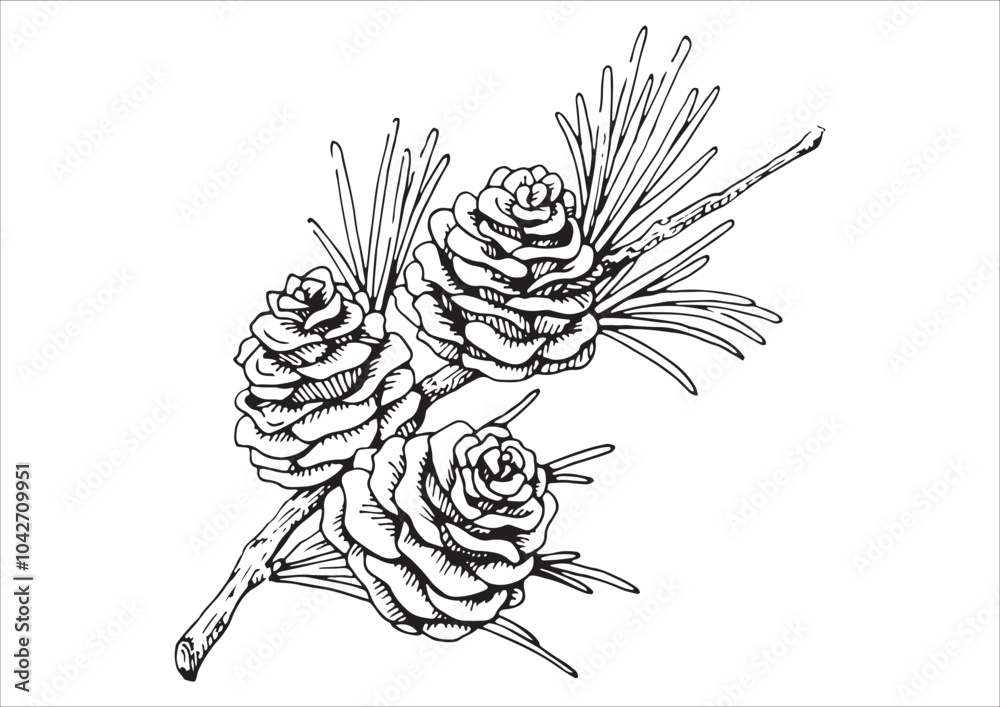 松ぼっくりと枝葉の線画イラスト 秋から冬の植物 白黒のベクター素材