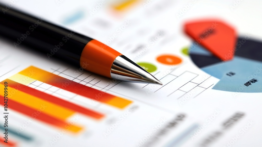 Close-up of a pen resting on a business report with charts and graphs. Close-up of a pen resting on a business report with charts and graphs.