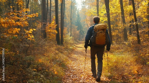 A hiker walks through a vibrant autumn forest path, enjoying nature's beauty.