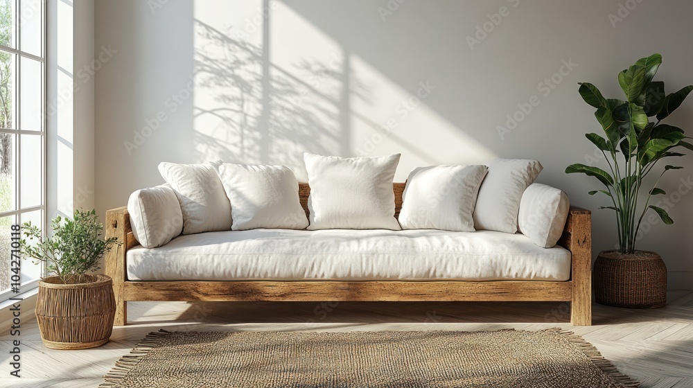 3D mockup of a plain cushion cover on a minimalistic couch.