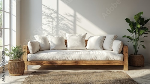 3D mockup of a plain cushion cover on a minimalistic couch.