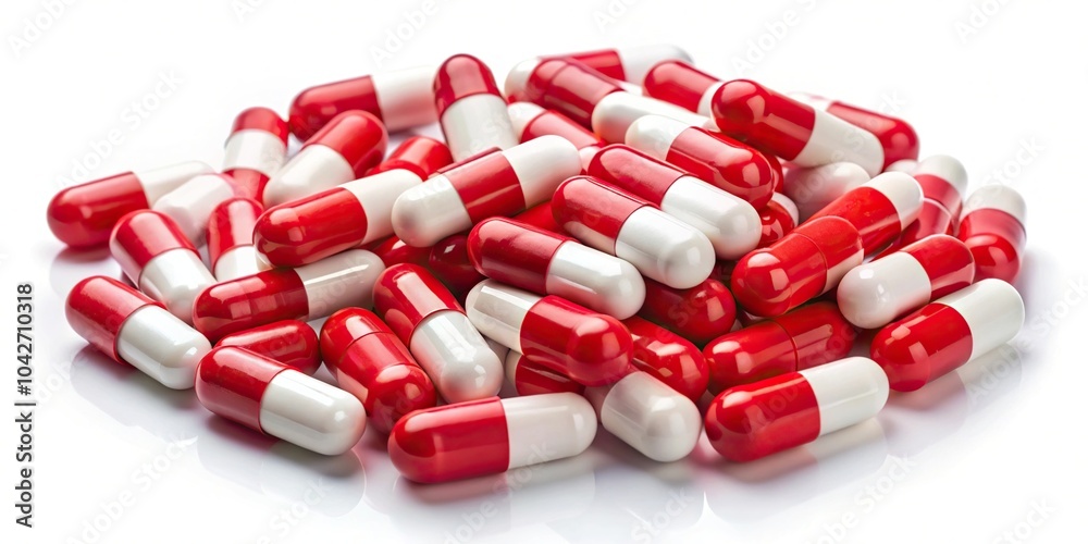 High angle view of red and white pills isolated on white background High angle view of red and white pills isolated on white background