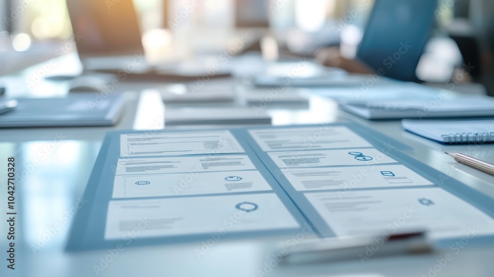 Documents and laptops on a conference table, suggesting a business meeting or discussion. Documents and laptops on a conference table, suggesting a business meeting or discussion.