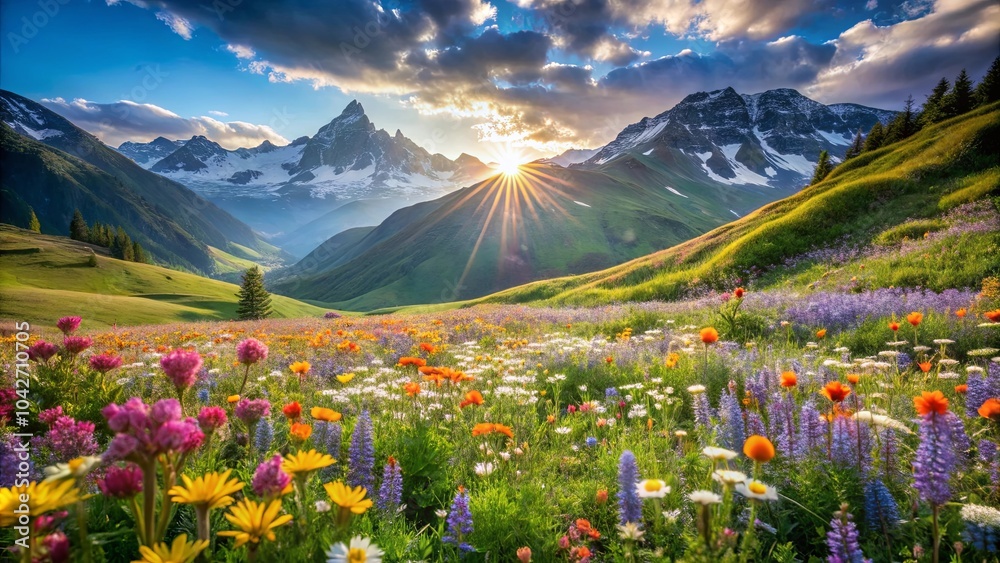 A vibrant tapestry of wildflowers blooms across a rolling meadow, bathed in the golden glow of a setting sun, against a backdrop of majestic snow-capped peaks A vibrant tapestry of wildflowers blooms across a rolling meadow, bathed in the golden glow of a setting sun, against a backdrop of majestic snow-capped peaks