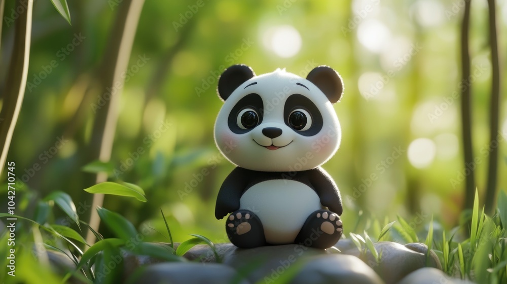 Obraz premium A cute cartoon panda figurine sitting on a rock amidst lush greenery, radiating joy.