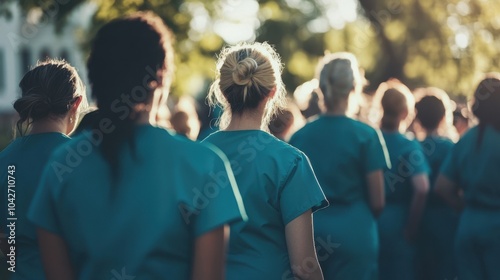 United Front: Diverse Group of Nurses in Scrubs Displaying Solidarity and Teamwork Outdoors
