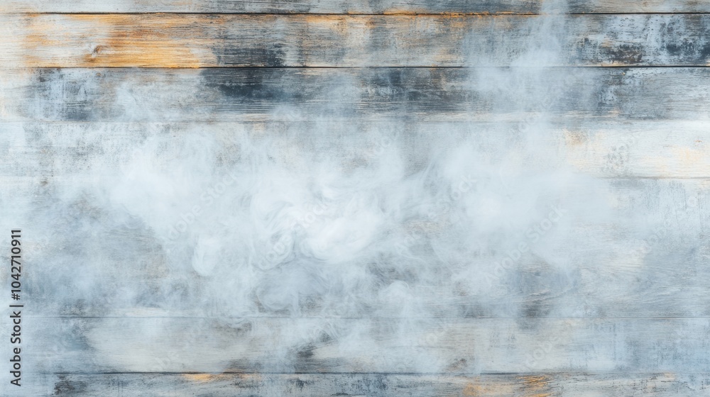 Obraz premium Wisps of ethereal smoke rise gently above an aged wooden surface, creating a mystical atmosphere that invites contemplation