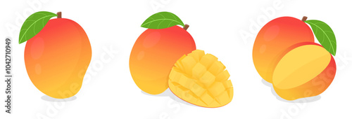 set collection of whole and half sliced dice cut fresh mango fruit with leaf vector illustration, healthy sweet fruits