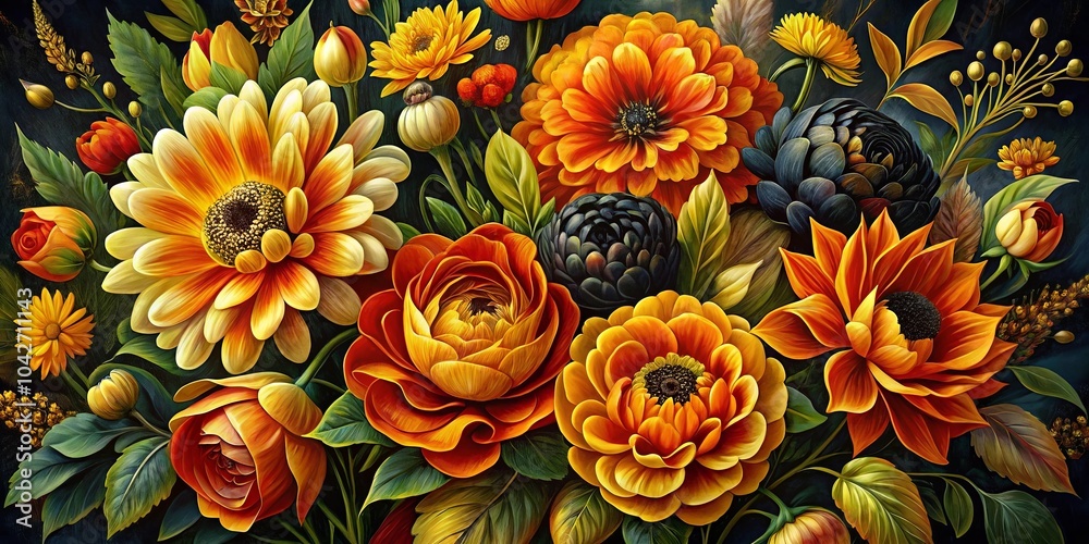 A vibrant bouquet of flowers with rich hues of orange, yellow, and red, painted in a classical style, creates a tapestry of petals and leaves against a dark background.