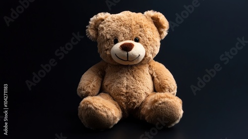 A cute, plush teddy bear sitting against a dark background, evoking comfort and nostalgia.