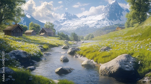 A serene landscape featuring a flowing river, majestic mountains, and vibrant green meadows under a clear blue sky. Perfect for nature lovers. photo