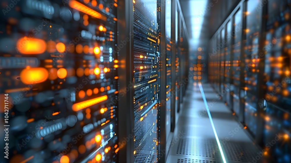 Futuristic 3D Digital Data Center Network Diagram with Blurred Cables and Servers Futuristic 3D Digital Data Center Network Diagram with Blurred Cables and Servers