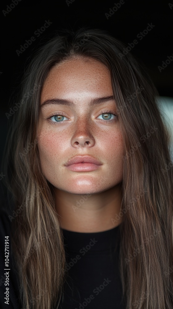 Close-Up Portrait of a Young Woman with Freckles and Blue Eyes in Natural Light Close-Up Portrait of a Young Woman with Freckles and Blue Eyes in Natural Light
