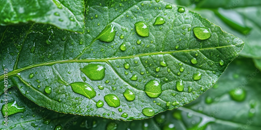 Fototapeta premium Close-up of green leaves covered in water droplets, showcasing nature's beauty and freshness, ideal for environmental themes.