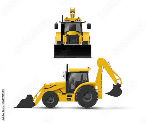 Backhoe loader isolated on white background demonstrates its capabilities in work in construction industry