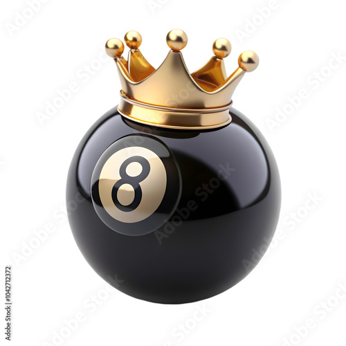 black billiards ball with number 8 and gold crown isolated on transparent background