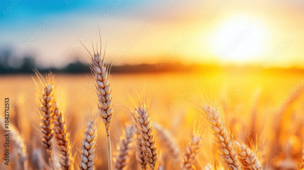 As the sun sets, warm golden light envelops a serene wheat field, creating a peaceful atmosphere perfect for reflection As the sun sets, warm golden light envelops a serene wheat field, creating a peaceful atmosphere perfect for reflection