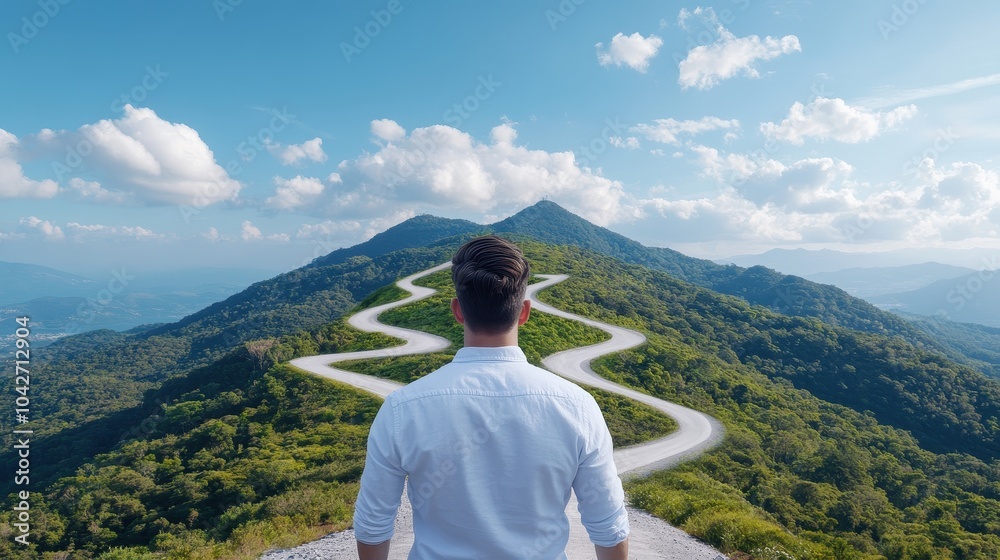 Fototapeta premium A Man at the Crossroads Choosing the Best Path for a Sustainable Future in Nature's Embrace
