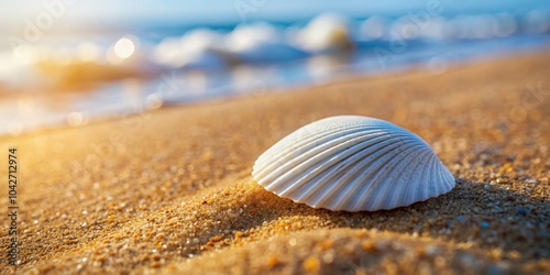 High angle view of sea side background with white long shell on sand, selective focus Terebra Maculata sea shell photo