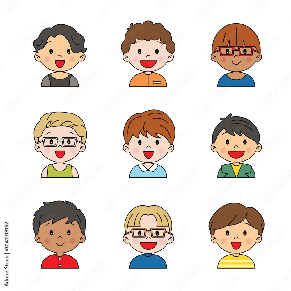 Group of boys avatar cute illustration in different outfits and hairstyle simple minimalist design kawaii decorative element set icon bundle drawing Group of boys avatar cute illustration in different outfits and hairstyle simple minimalist design kawaii decorative element set icon bundle drawing