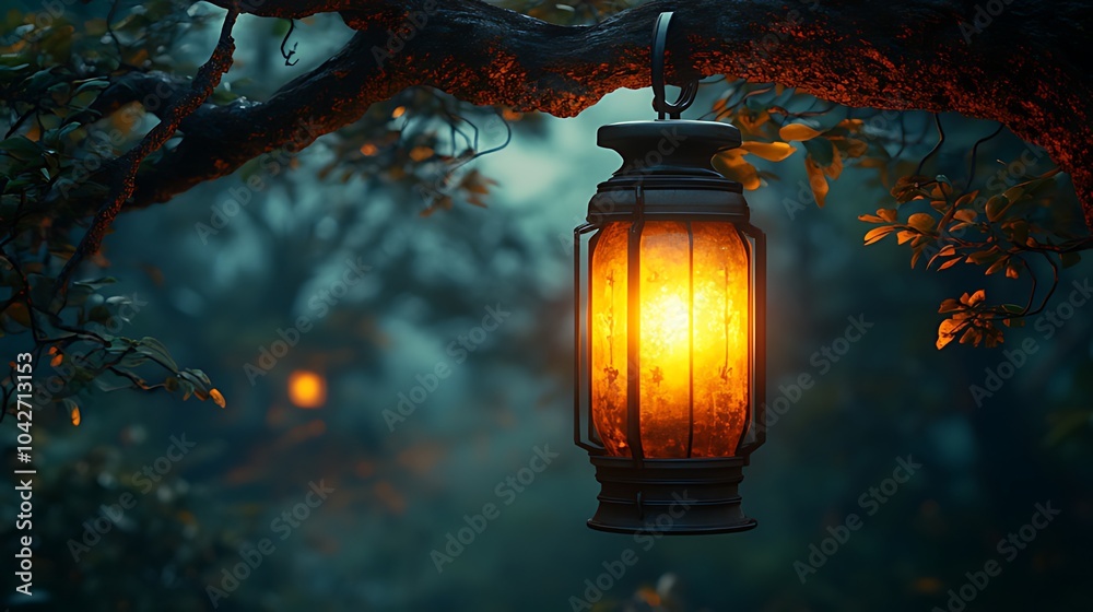 A glowing lantern hangs from a tree branch in a misty forest, casting a warm light against the dark background. A glowing lantern hangs from a tree branch in a misty forest, casting a warm light against the dark background.