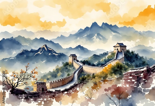 Great Wall of China vector illustration in watercolor style, isolated on white background
