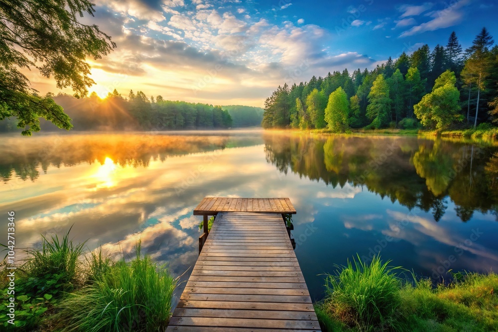 High angle view of serene forest lake at sunrise with wooden dock, tranquil nature landscape