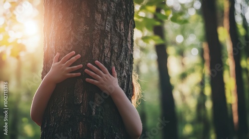 Serene Connection with Nature - Child's Hands Embracing Tree Trunk in Lush Green Forest