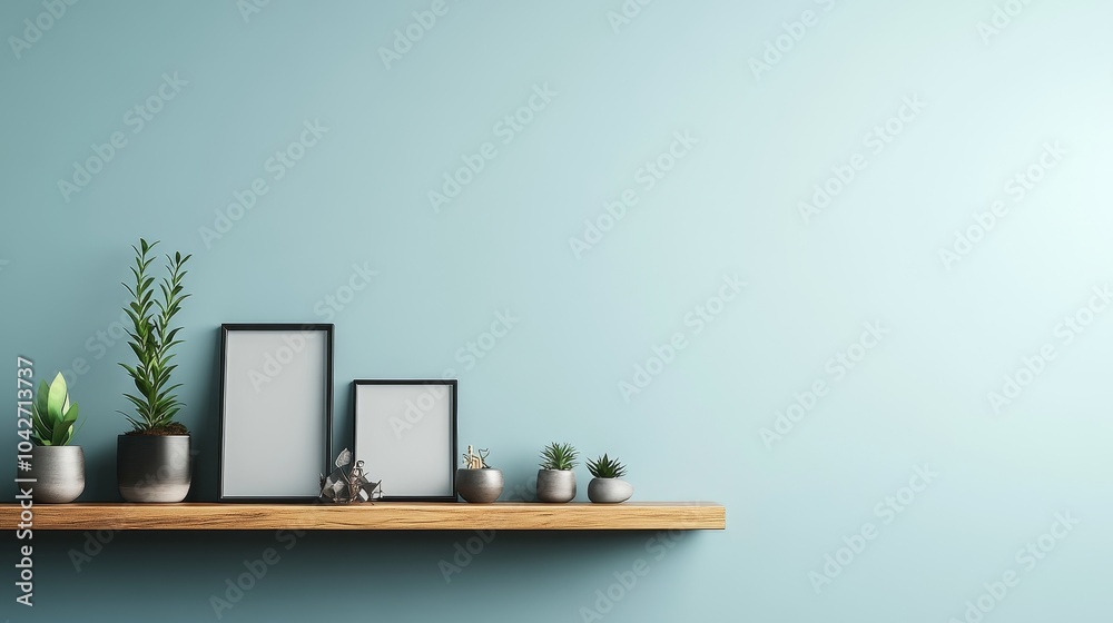 A minimalist shelf displaying various potted plants and empty picture frames against a light blue wall. A minimalist shelf displaying various potted plants and empty picture frames against a light blue wall.