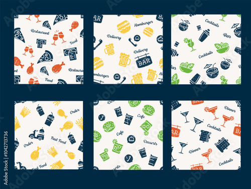 Colorful pattern featuring various food and drink icons representing dining establishments and culinary activities