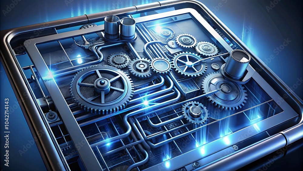 A Futuristic Mechanical System With Glowing Blue Lights And Intricate Gearwork, Designed To Represent The Complexities Of Modern Technology A Futuristic Mechanical System With Glowing Blue Lights And Intricate Gearwork, Designed To Represent The Complexities Of Modern Technology