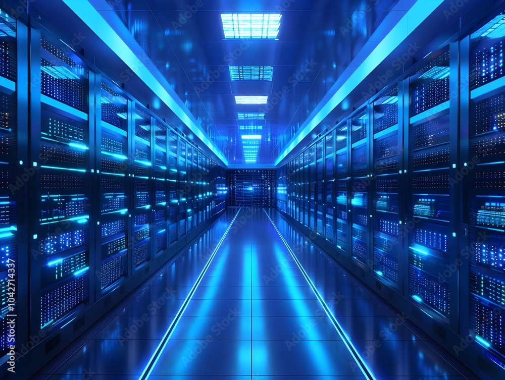 Futuristic Blue Illuminated Digital Data Center Network Diagram with High Tech Server Racks Futuristic Blue Illuminated Digital Data Center Network Diagram with High Tech Server Racks