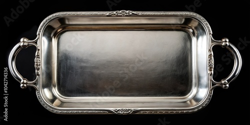 High angle view of silver tray with handles isolated on black background