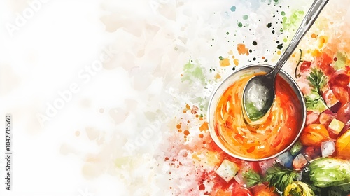 Watercolor Soup Bowl with Spoon and Vegetables photo