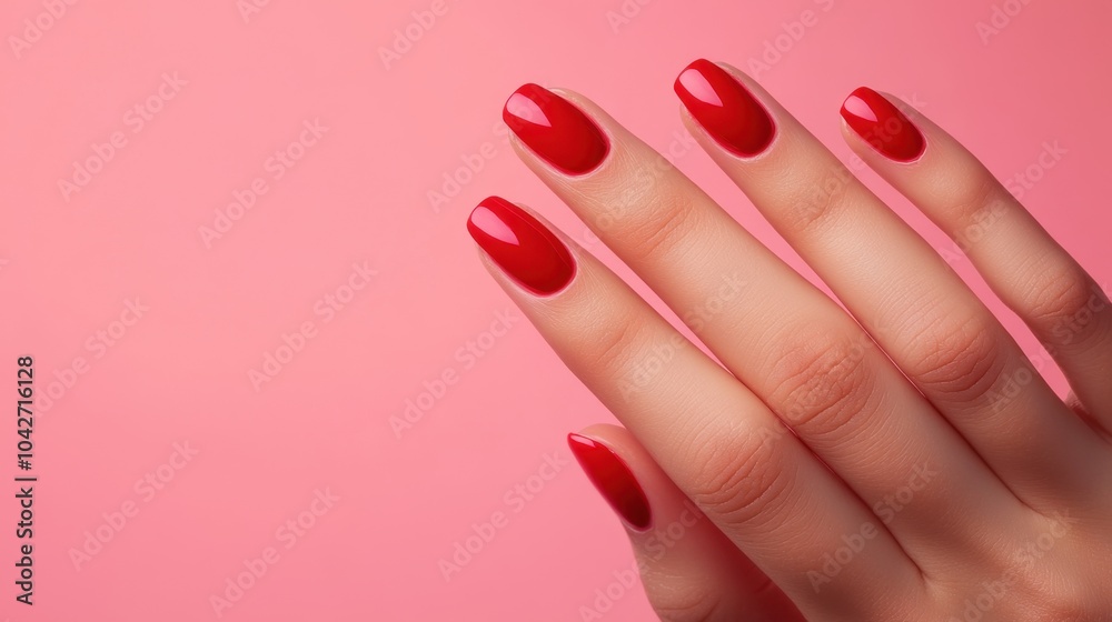 Elegant Woman's Hand with Bold Red Nails on Soft Pink Background for Custom Text Overlay Elegant Woman's Hand with Bold Red Nails on Soft Pink Background for Custom Text Overlay