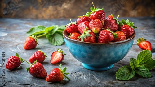 A bowl overflowing with freshly picked strawberries, a tantalizing display of summer's bounty, nestled amongst vibrant green leaves on a textured surface.