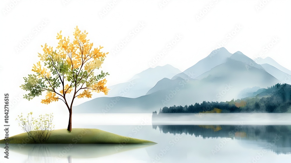 Enchanting Watercolor Landscape with Flowing River and Delicate Trees A serene and tranquil natural scene featuring a soft blended palette of green and blue tones Enchanting Watercolor Landscape with Flowing River and Delicate Trees A serene and tranquil natural scene featuring a soft blended palette of green and blue tones