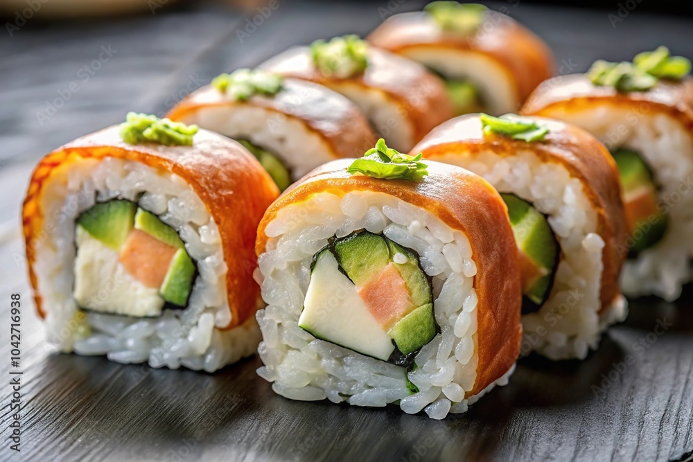 High angle view of sushi rolls with avocado and salmon, philadelphia cheese, cucumber High angle view of sushi rolls with avocado and salmon, philadelphia cheese, cucumber