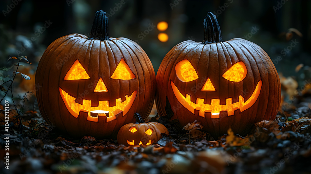 Glowing Jack-O-Lanterns in the Forest - Halloween Pumpkin Illustration Glowing Jack-O-Lanterns in the Forest - Halloween Pumpkin Illustration