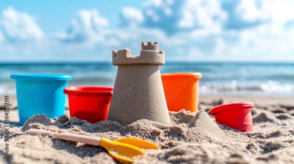 A colorful sandcastle surrounded by buckets and a shovel on a sunny beach. A colorful sandcastle surrounded by buckets and a shovel on a sunny beach.