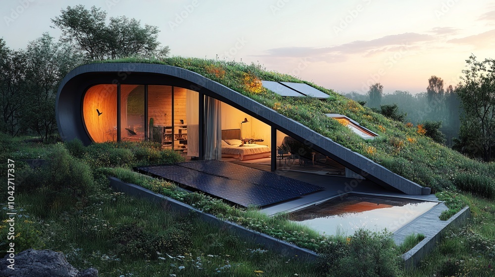 Fototapeta premium Cuttingedge sustainable architecture with solar panels and green roof