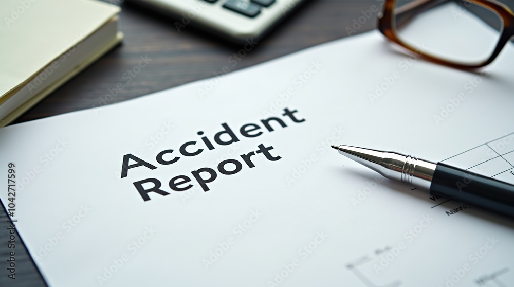 Accident report document with pen and eyeglasses on desk Accident report document with pen and eyeglasses on desk