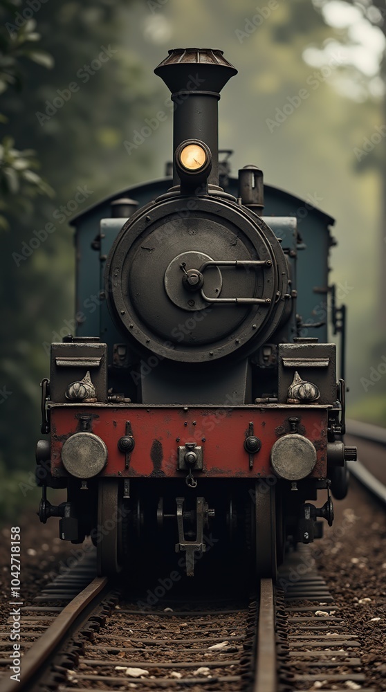 Fototapeta premium Vintage train engine on railway track in foggy landscape